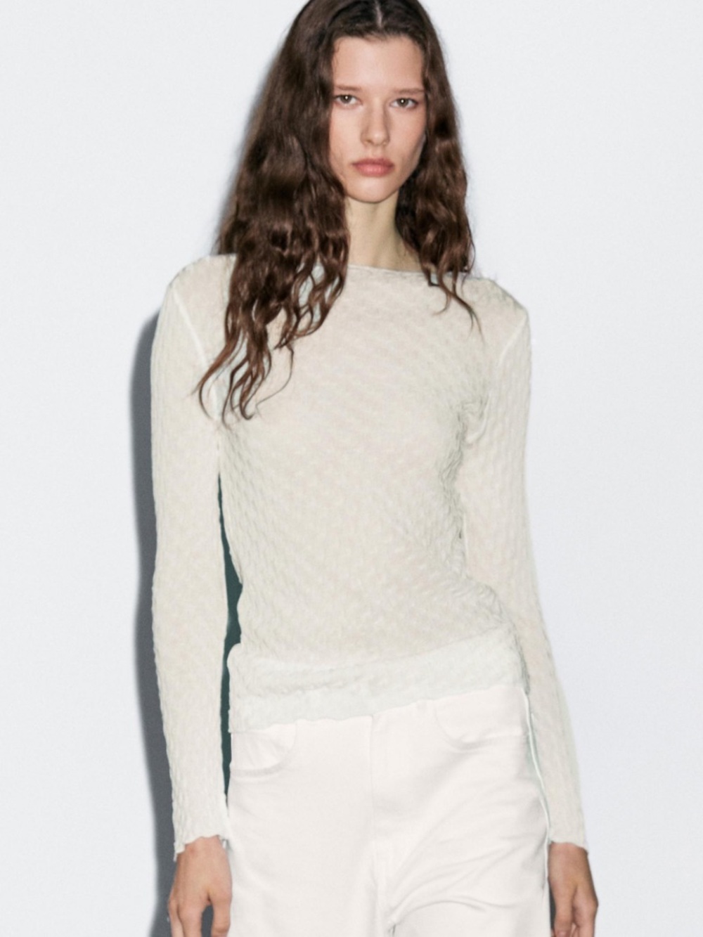 Massimo Dutti Textured Cotton Long Sleeve Top Ivory Size M NWT Ref 6871/404
